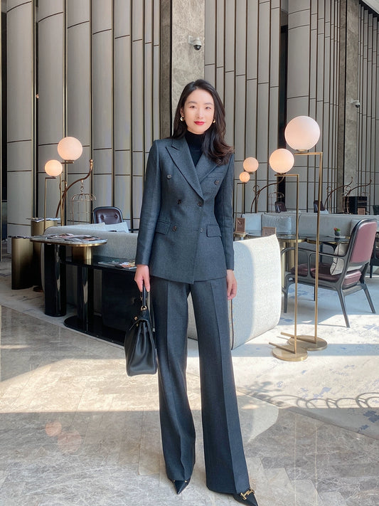 Women's Dark Gray Woolen Suit Jacket and Trousers