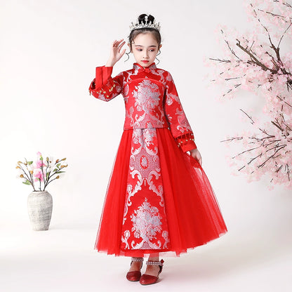 Elegant Chinese Style Girls' Hanfu Dress Set: Long-Sleeve Cheongsam Skirt for Teenagers