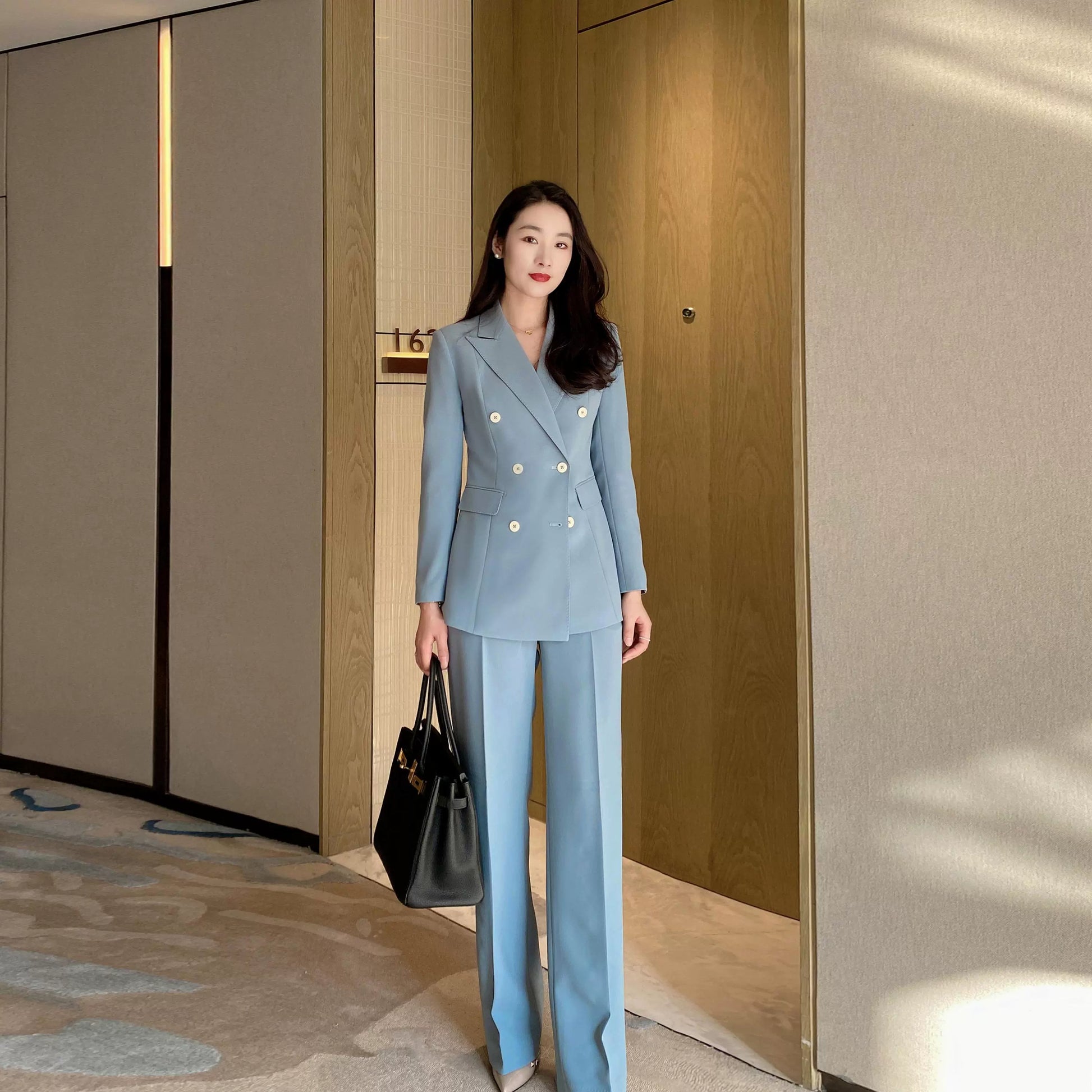 Lake Blue Women's Double‑Breasted Suit Set with Loose Straight Trousers