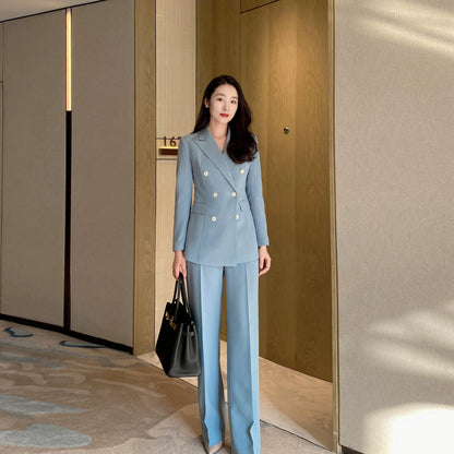 Lake Blue Women's Double‑Breasted Suit Set with Loose Straight Trousers