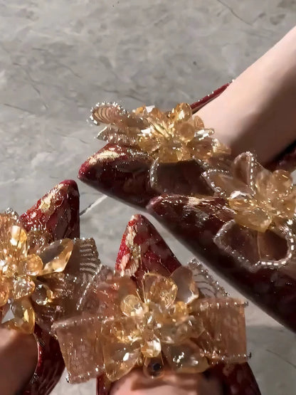 Red Chinese Wedding Shoes With Crystal Rhinestones