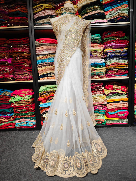 Indian White Embroidered Sari
