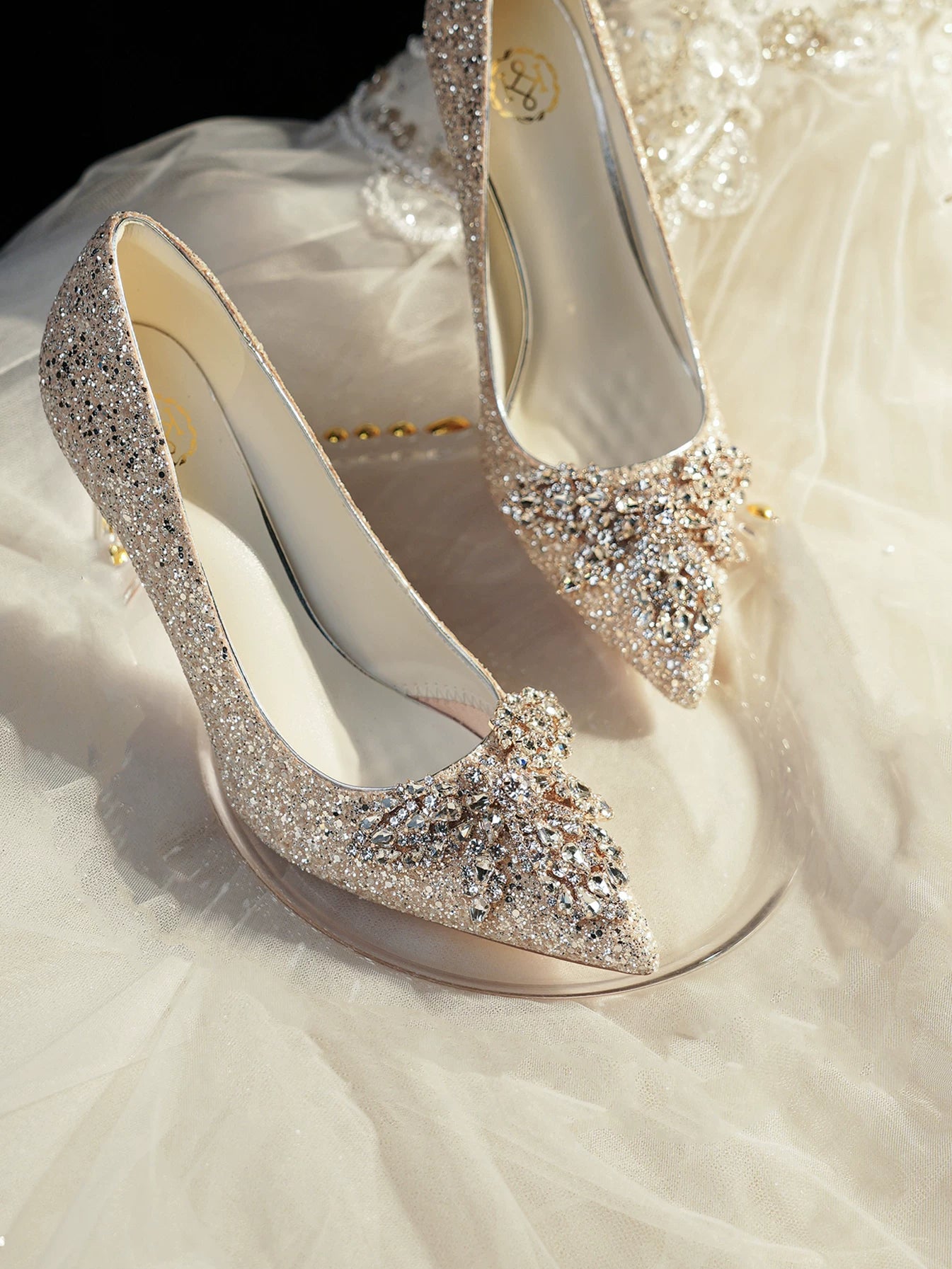 Champagne Gold Bridal Wedding Shoes Two‑Way Crystal High Heel