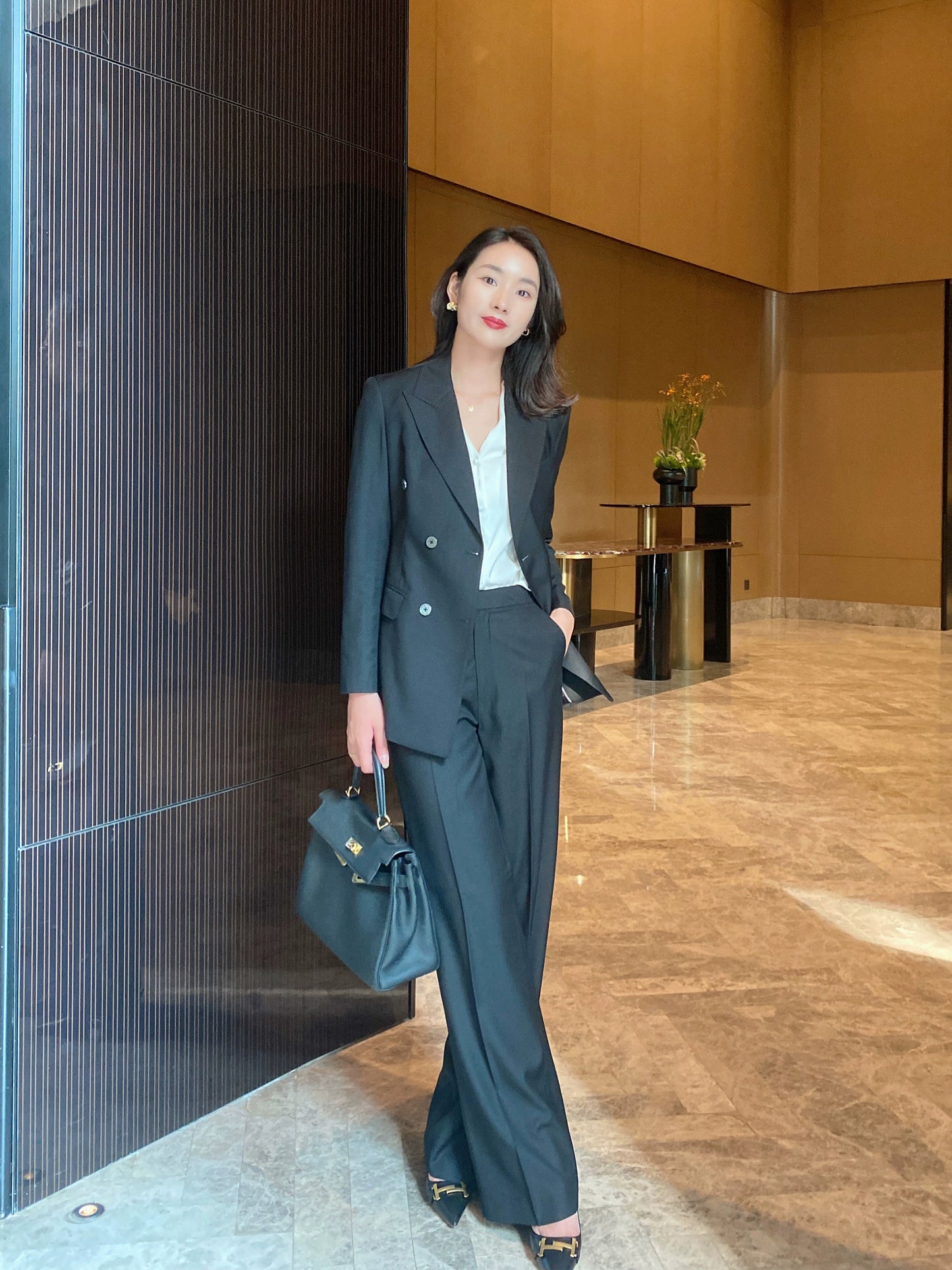Elegant Black Autumn Suit Set Tailored Jacket and Wide‑Leg Trousers