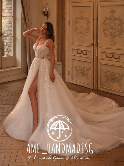 Bold Romance: A Contemporary Lace Bridal Gown with Slitv
