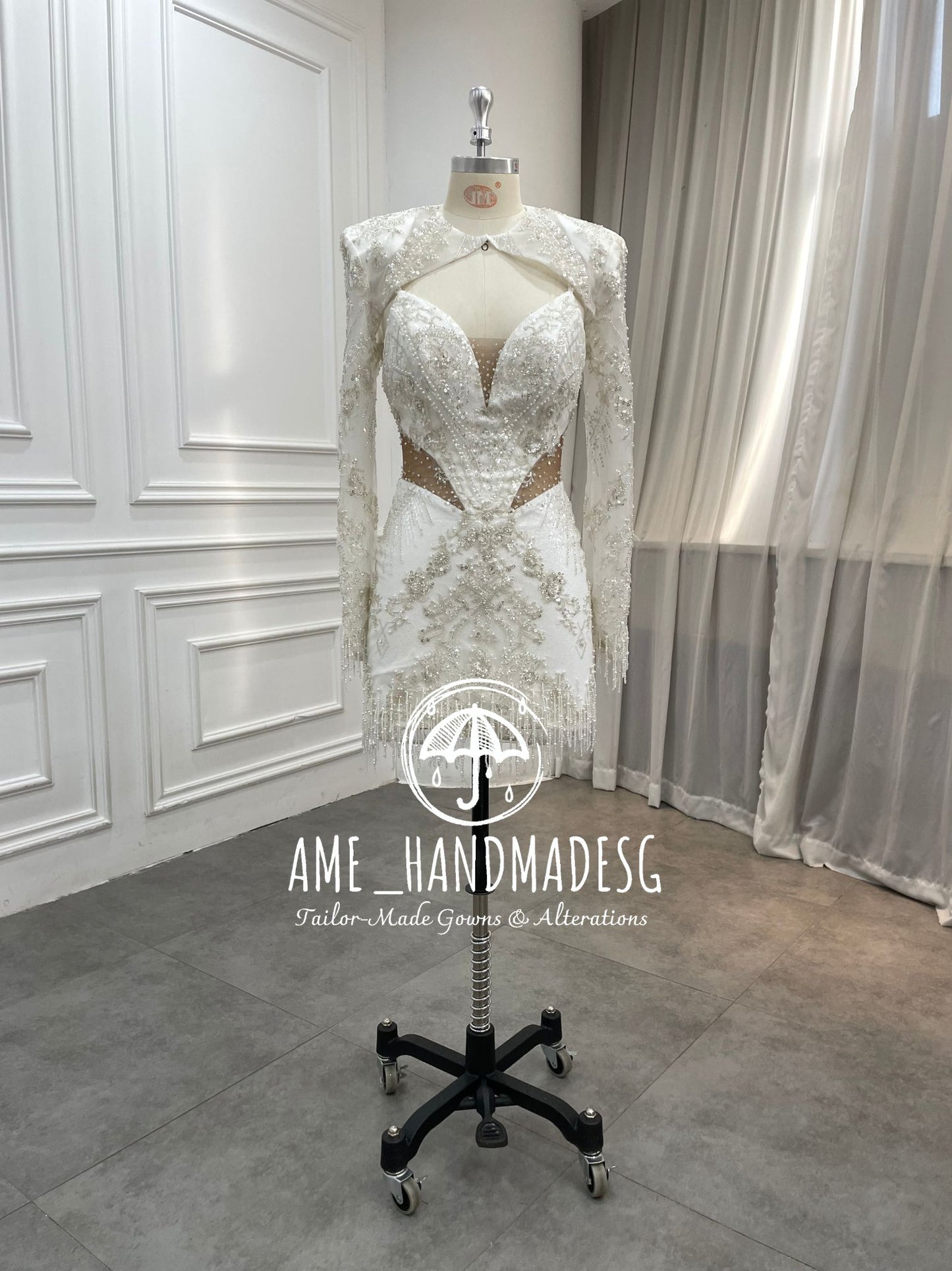 Luna Royale: A Beaded Bridal Mini with Regal Sleeves