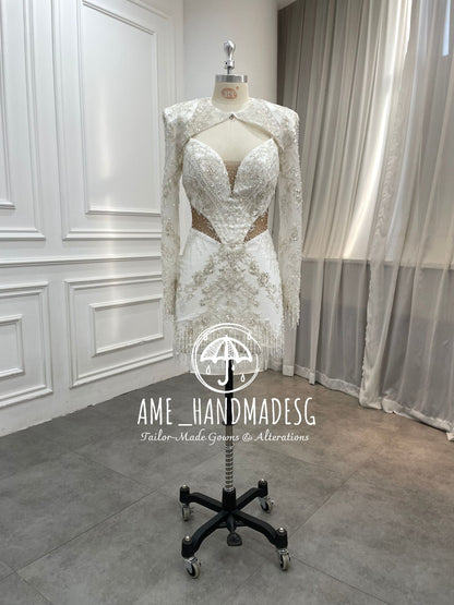 Luna Royale: A Beaded Bridal Mini with Regal Sleeves