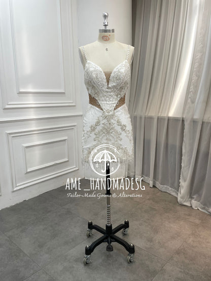 Celeste Radiance: A Beaded Bridal Mini with Illusion Elegance