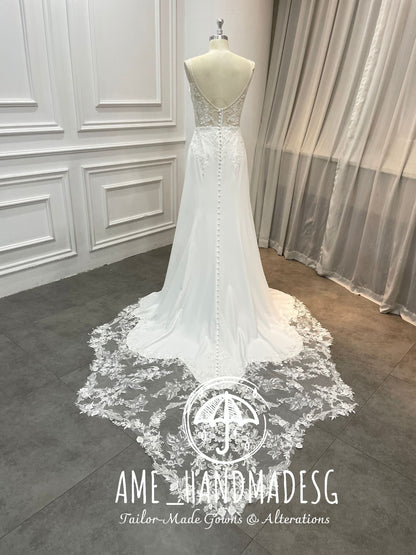 Whispered Elegance — Illusion Back Lace Wedding Gown with Buttoned Train
