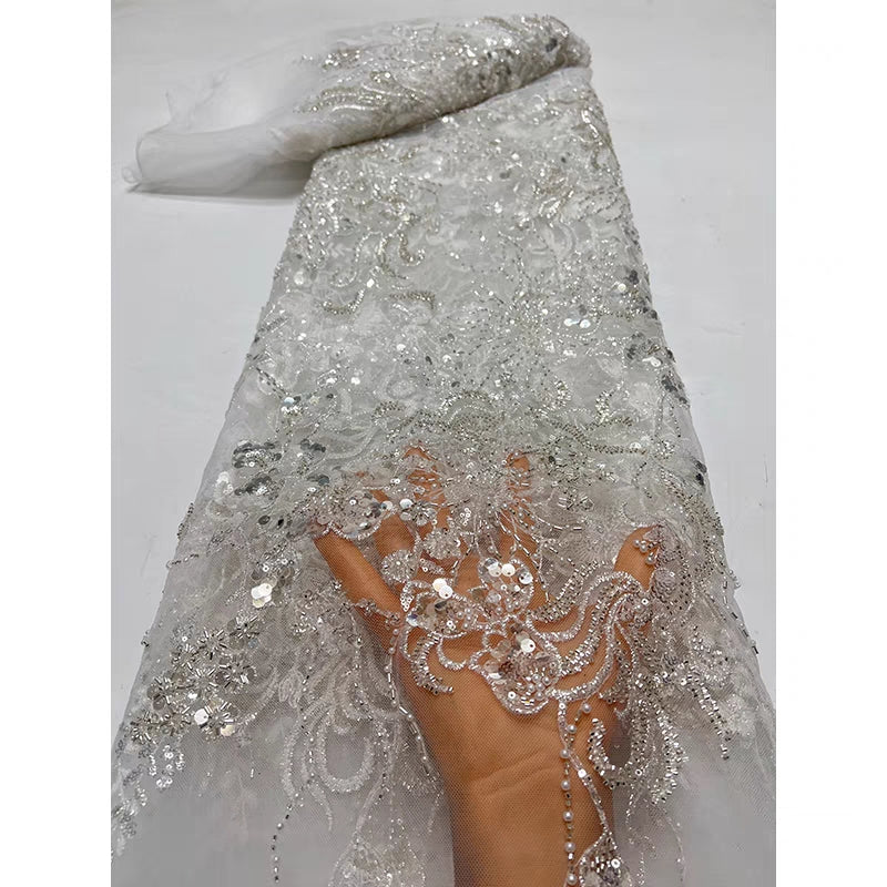 Foreign trade spot mesh fabric bead tube embroidery beaded flower large sequins sequins embroidery fabric dress wedding dress cheongsam