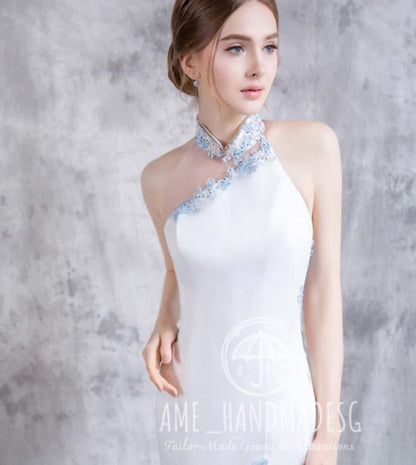 Fishtail package hip slimming was thin satin bride married go up yarn stand collar Chinese wedding lawn ceremony light wedding