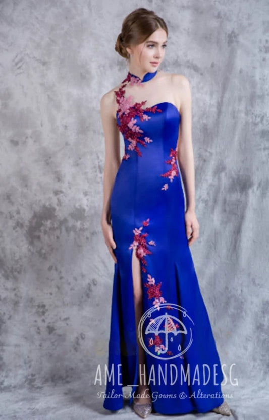 Blue fishtail dress Chinese stand-up collar sexy open-leg split bride toast clothing summer backless satin temperament female