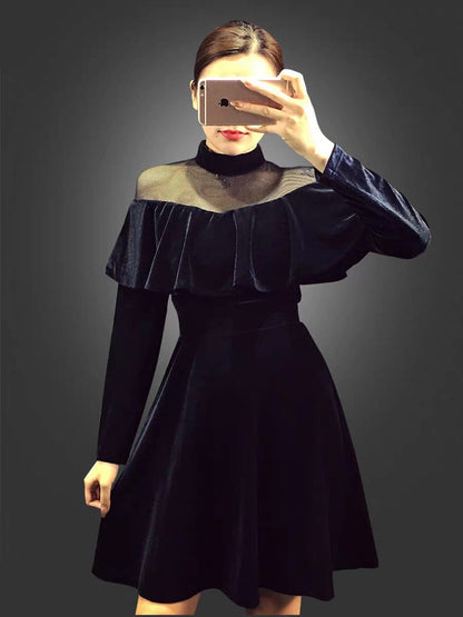 EG-SALE-AME-00153 Celebrity temperament mesh splicing velvet dress French retro skirt autumn and autumn women's small dress