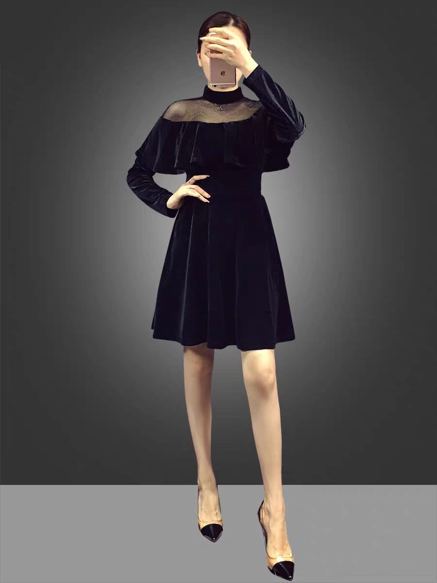 EG-SALE-AME-00153 Celebrity temperament mesh splicing velvet dress French retro skirt autumn and autumn women's small dress