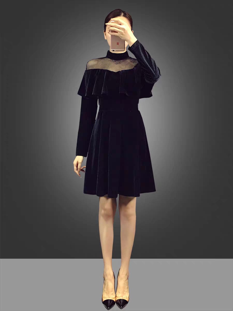 EG-SALE-AME-00153 Celebrity temperament mesh splicing velvet dress French retro skirt autumn and autumn women's small dress