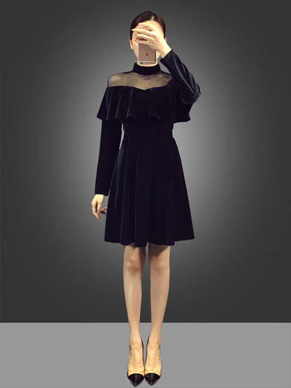 EG-SALE-AME-00153 Celebrity temperament mesh splicing velvet dress French retro skirt autumn and autumn women's small dress