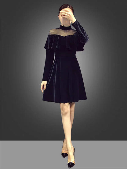 EG-SALE-AME-00153 Celebrity temperament mesh splicing velvet dress French retro skirt autumn and autumn women's small dress