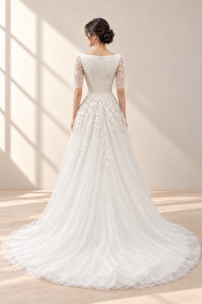 AI-assisted model visualisation of Enchanted Lace Romance Wedding Gown, full-length back view based on the original garment photograph.