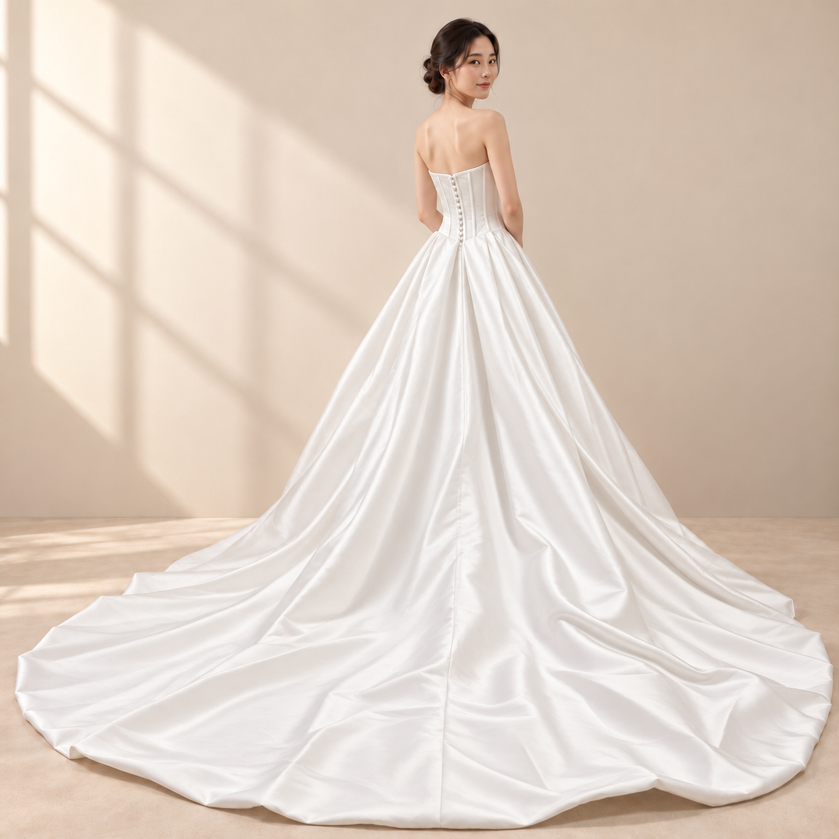 AI-assisted model image of Aurelia corset wedding gown, back and train.