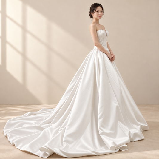 AI-assisted model image of Aurelia corset wedding gown, side view.