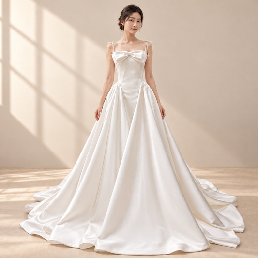 AI-assisted front-view model visualisation of Pure Serenity Bow-Front Bridal Gown. Original garment photographs are retained.