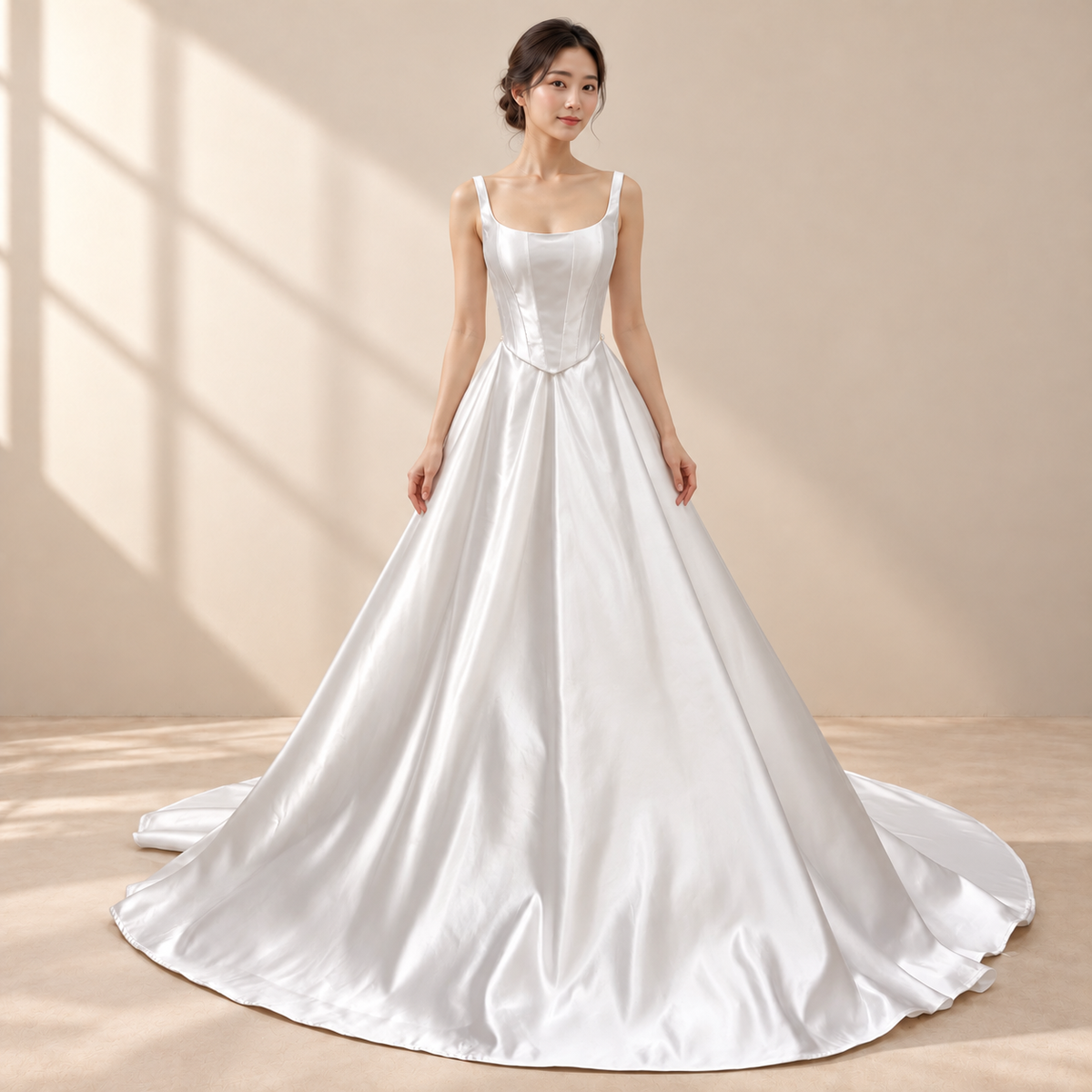AI-assisted model visualisation of Celestial Harmony bridal set, front view with scoop neckline, paneled bodice and full satin-look skirt.