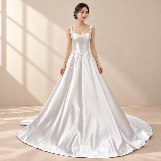 AI-assisted model visualisation of Celestial Harmony bridal set, front view with scoop neckline, paneled bodice and full satin-look skirt.