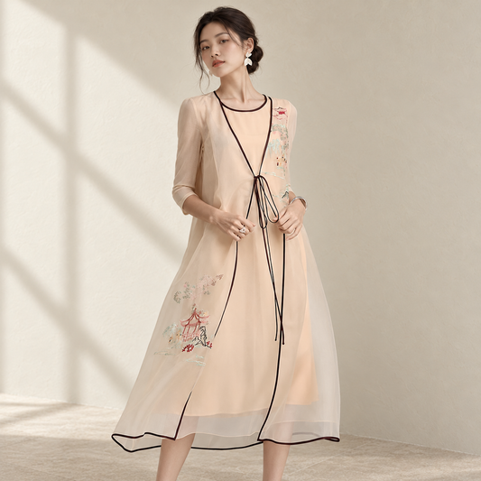 Women's Summer Silk Organza Embroidered Loose Midi Dress — AI-styled catalogue photo