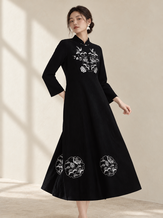 Women's Mid-Length Style Qipao Dress with Embroidered Collar — AI-styled catalogue photo
