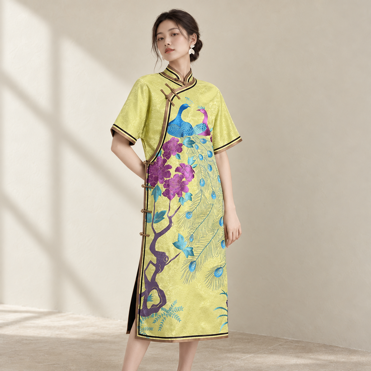 Elegant Mid-Length Hand-Embroidered Chinese Style Spring Autumn Dress — AI-styled catalogue photo