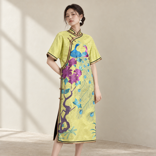 Elegant Mid-Length Hand-Embroidered Chinese Style Spring Autumn Dress — AI-styled catalogue photo