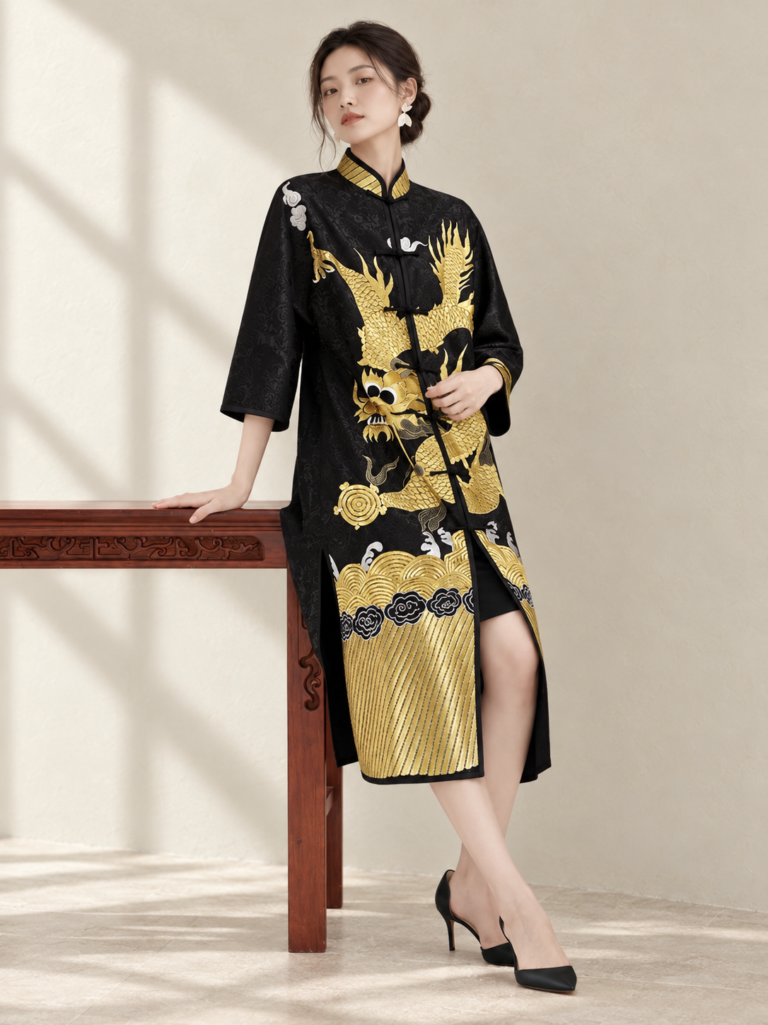 Mid-Length Women's Chinese-Style Coat Hand-Embroidered Gold Dragon Black — AI-styled catalogue photo