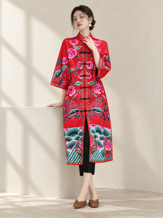 Modern Chinese Style Dress with Hand‑Embroidered Frog Closure, Red — AI-styled catalogue photo