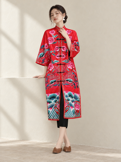 Red Hand‑Embroidered Plus‑Size Chinese‑Style Qipao Dress Spring Autumn — AI-styled catalogue photo