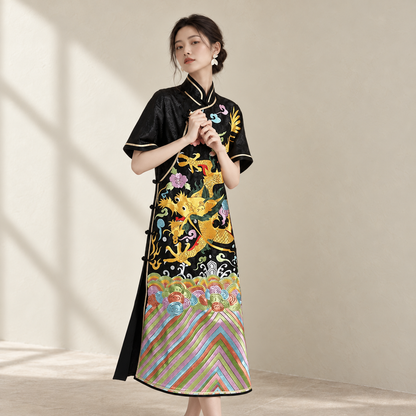 Custom Chinese Style Qipao Dress, Loose Hand‑Embroidered Dragon, Black — AI-styled catalogue photo