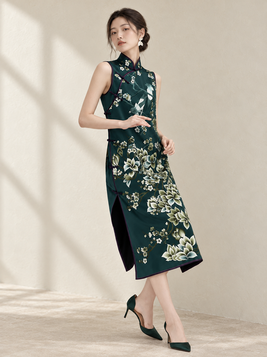 Modern Chinese Long Dress with Jade Orchid Embroidered Mandarin Collar — AI-styled catalogue photo