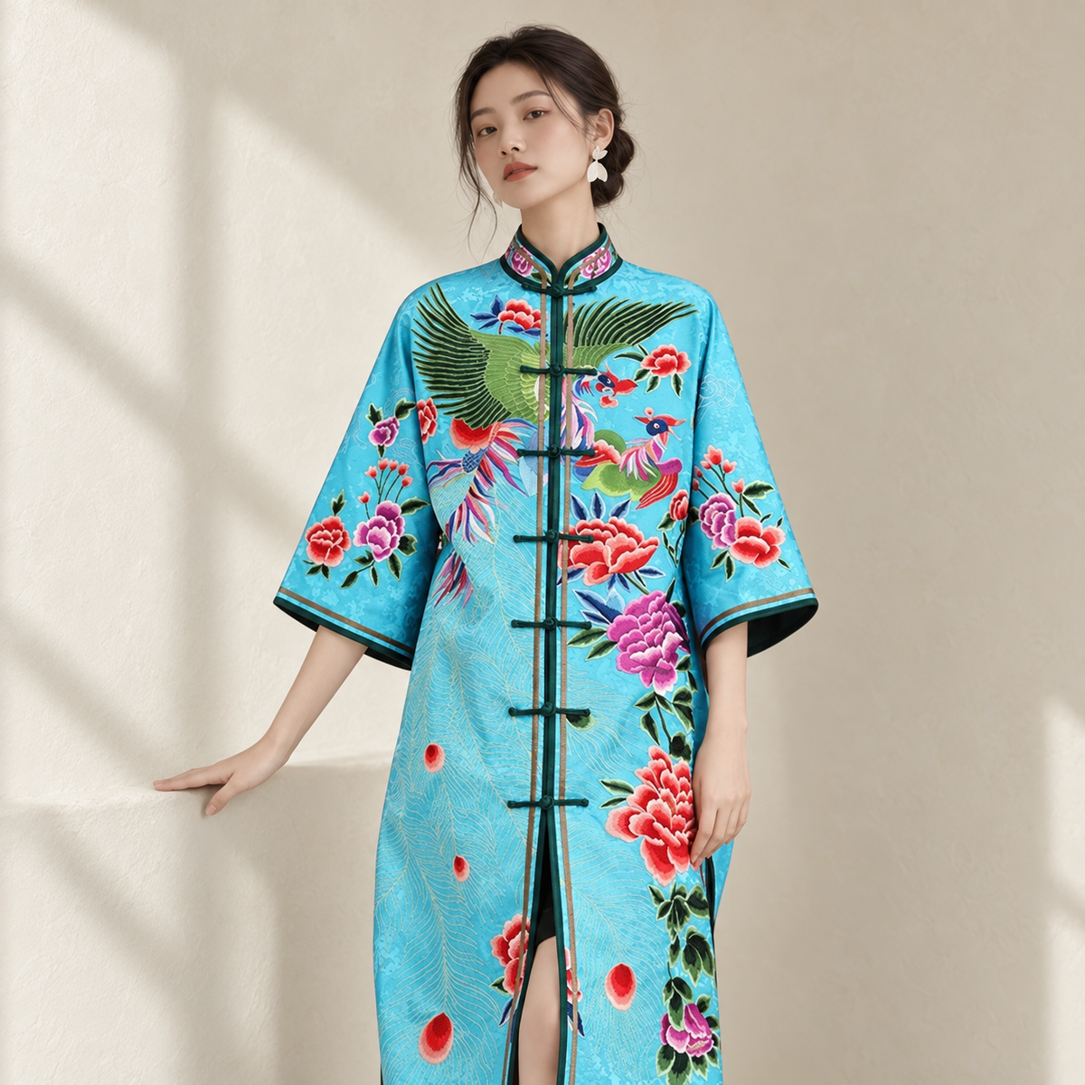 Custom Chinese‑Style Qipao Dress Hand‑Embroidered Blue Long Plus‑Size — AI-styled catalogue photo