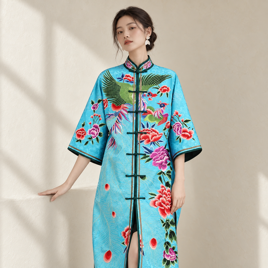 Custom Chinese‑Style Qipao Dress Hand‑Embroidered Blue Long Plus‑Size — AI-styled catalogue photo