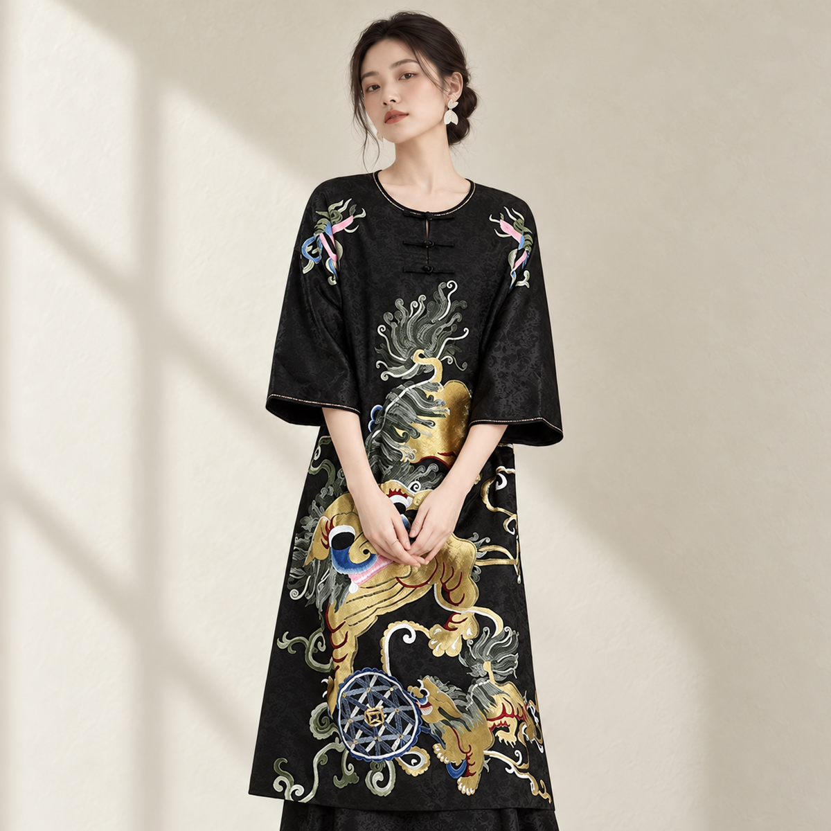Retro Chinese Style Hand‑Embroidered Maxi Dress Large Size — AI-styled catalogue photo