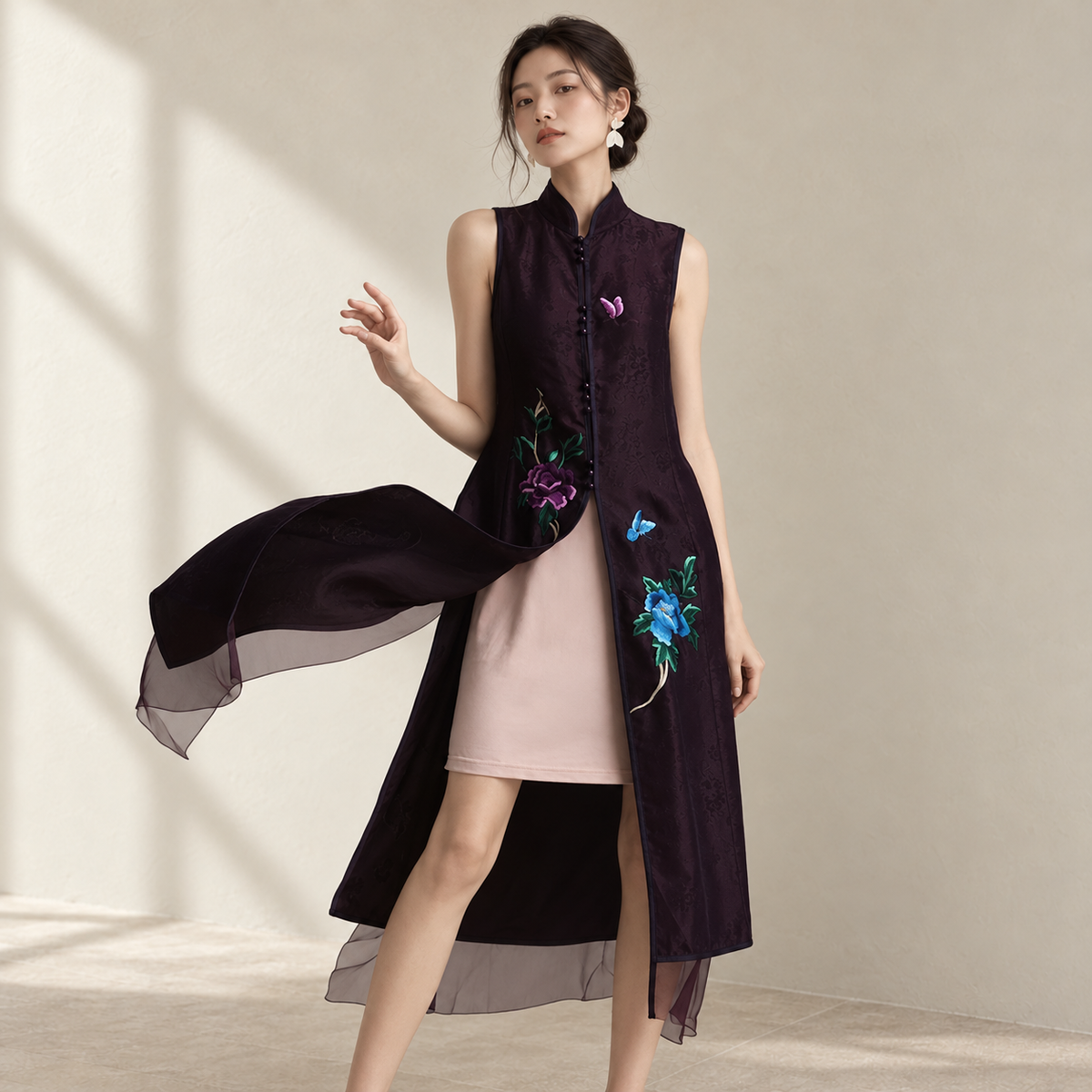 Vintage Chinese Style Silk Embroidered Vest for Women — AI-styled catalogue photo
