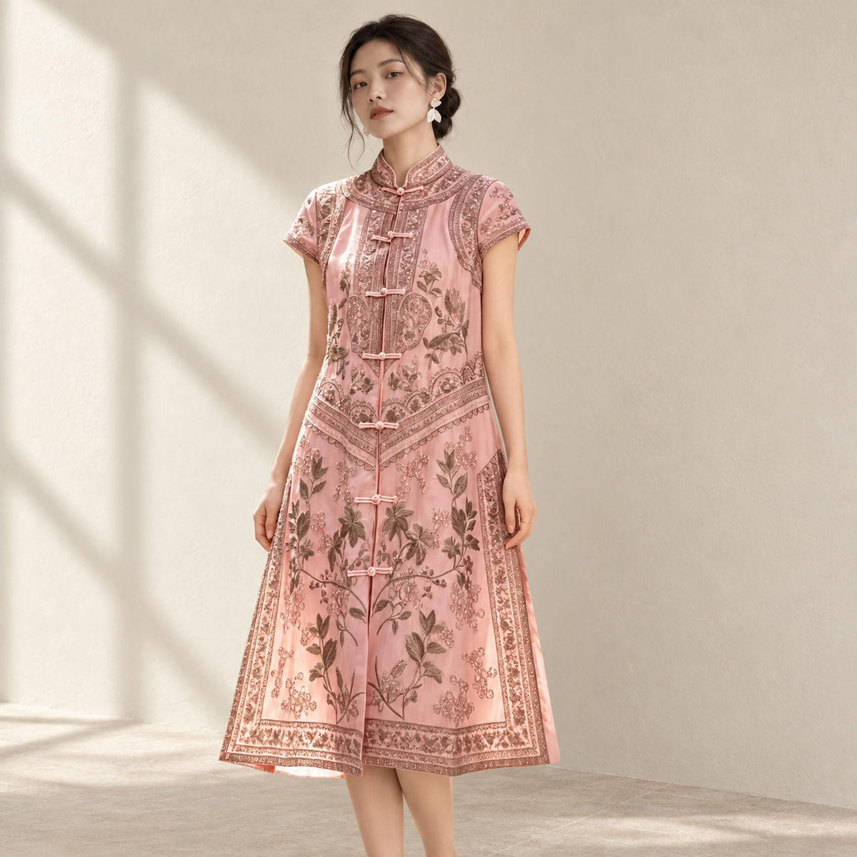 Women's Modern Chinese Qipao Dress with Hand Embroidery — AI-styled catalogue photo