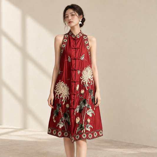 Vintage Chinese Style Tencel Embroidered Mid-Length Plus Size Sleeveless Vest — AI-styled catalogue photo