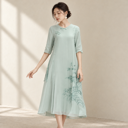 Women’s Summer Retro Cheongsam Dress Embroidered Round Neck — AI-styled catalogue photo