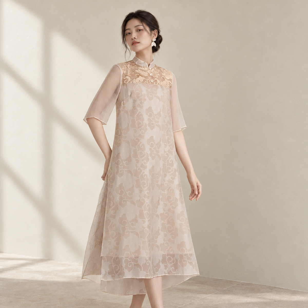 Chinese Summer Dress Vintage Embroidered Patchwork Zen Style — AI-styled catalogue photo