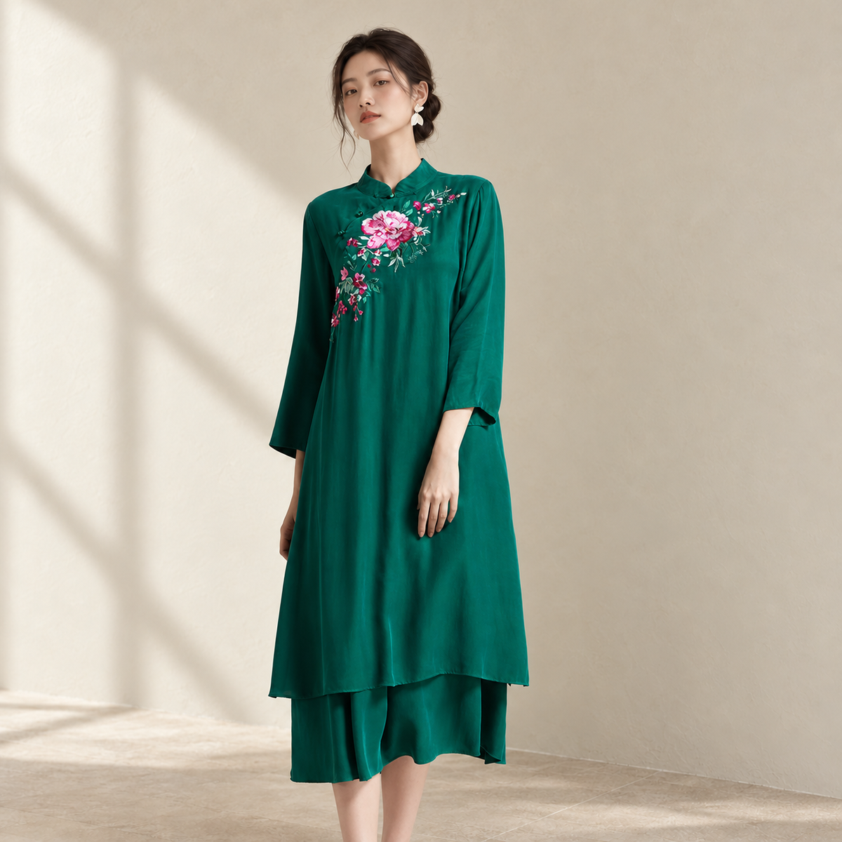 Women's Qipao Dress Silk Blend Dark Green L — AI-styled catalogue photo