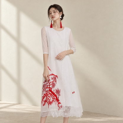 Women's Summer Silk Organza Lace Tie Vintage Embroidered Dress — AI-styled catalogue photo