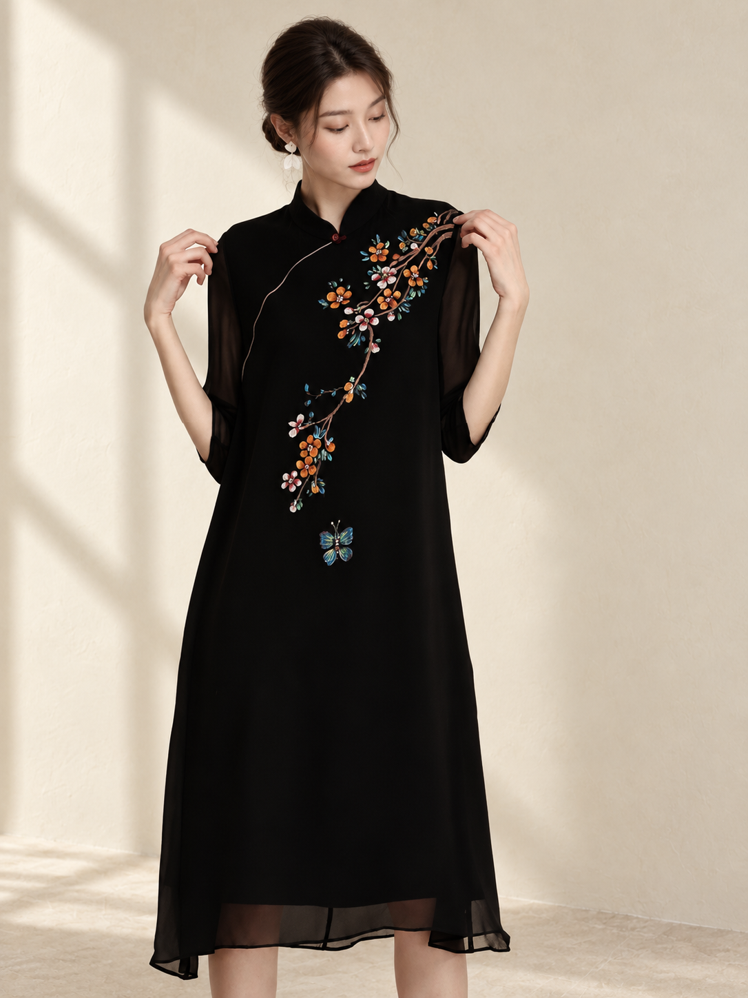 Women Summer Silk Qipao Dress Slim Fit Retro Print — AI-styled catalogue photo