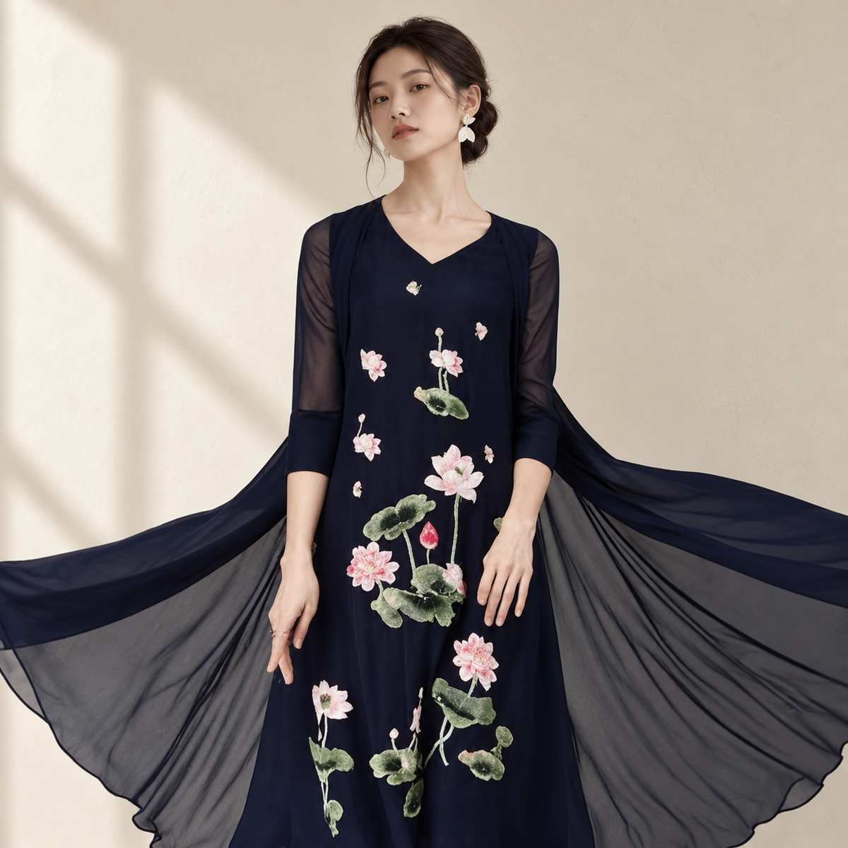 New Chinese Style Summer Dress With Vintage Lotus Embroidery — AI-styled catalogue photo