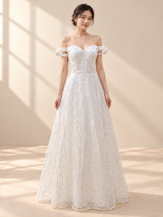 AI-assisted model visualisation of Divine Elegance gown, front view with sweetheart neckline, off-shoulder loop straps and geometric embroidered overlay.