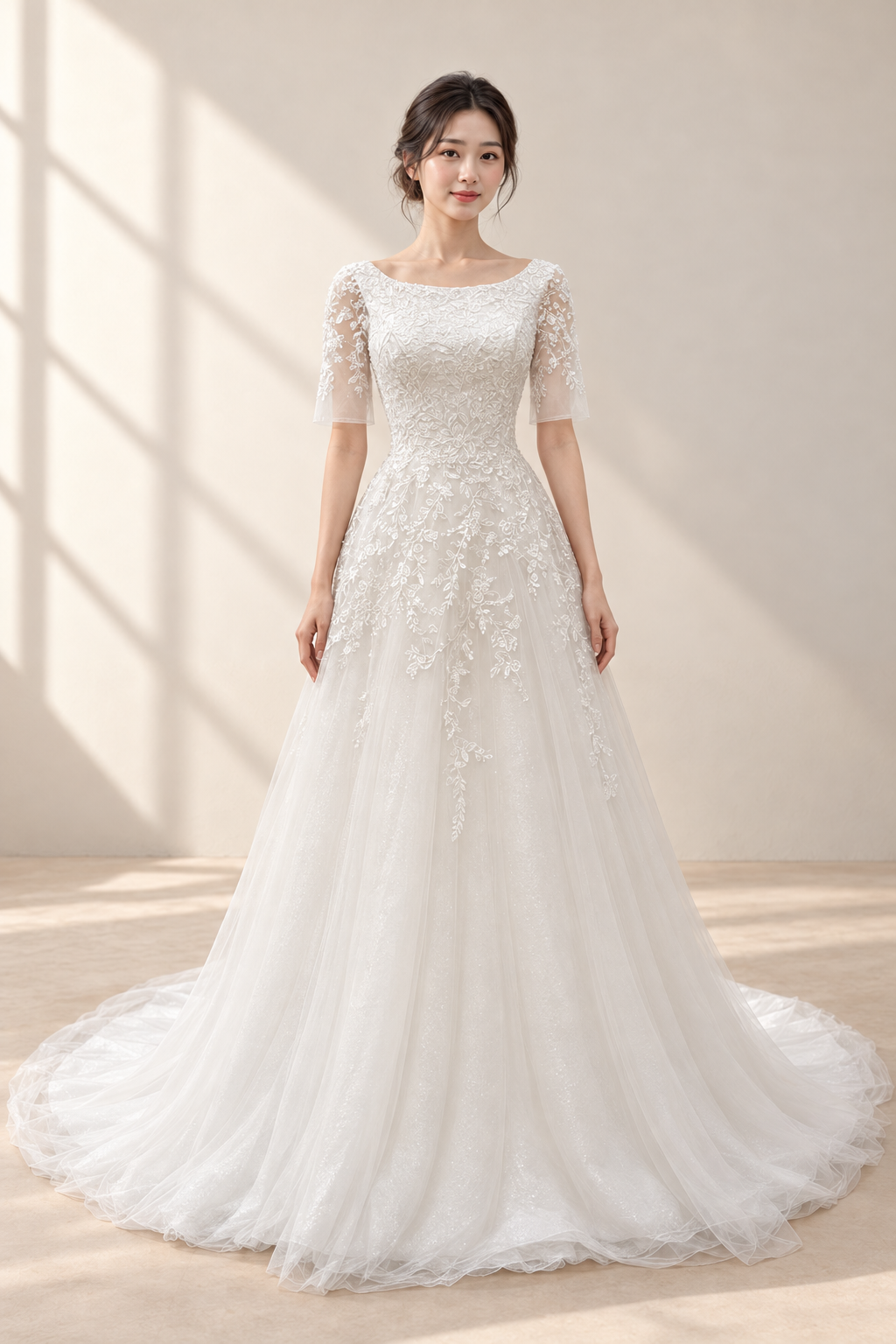 AI-assisted model visualisation of Enchanted Lace Romance gown, front view with boat neckline, sheer elbow-length sleeves and floral vine embroidery.